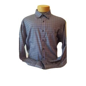 NWT Kirkland Mens Blue Black Plaid Button Collar Dress Shirt Tailored Large L